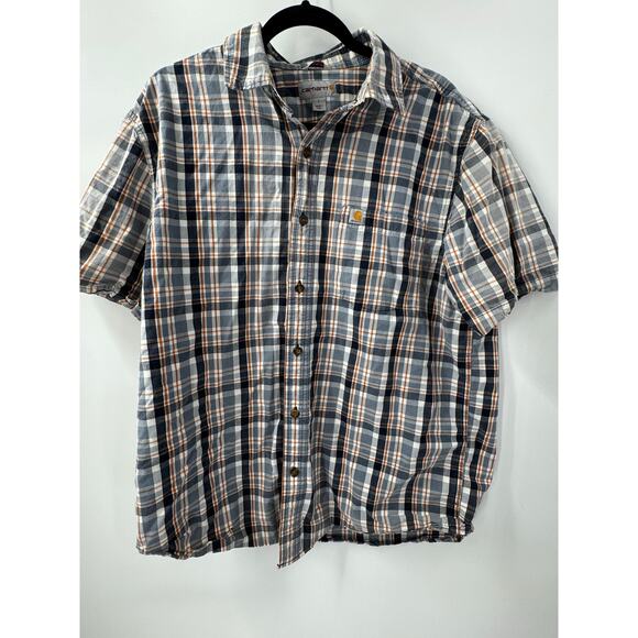 Carhartt Men's L‎ Large Plaid Shirt Gray Orange Cotton Button-Up Short Sleeve - Picture 1 of 5